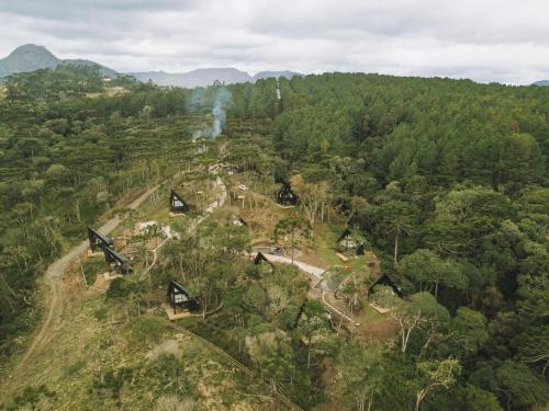 an aerial view of a forest with houses on a hill at Cabanas Cold Mountain in Urubici