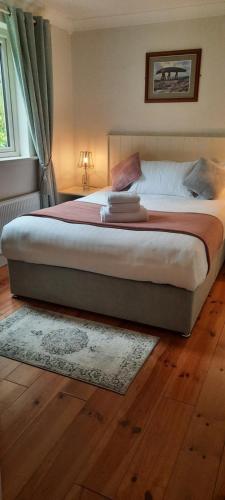 a bedroom with a large bed with a rug at Green Garden meets Blue sea for 2 people in Dingle