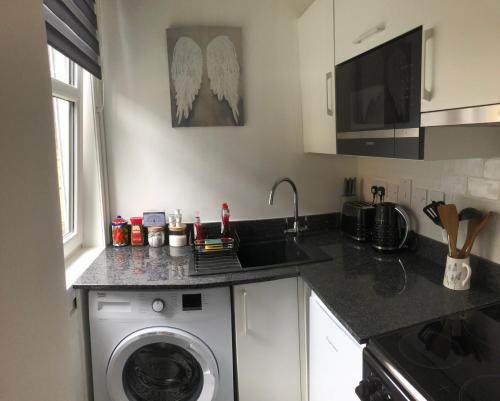 een keuken met een wastafel en een wasmachine bij Cosy one bedroom flat in city center in Edinburgh