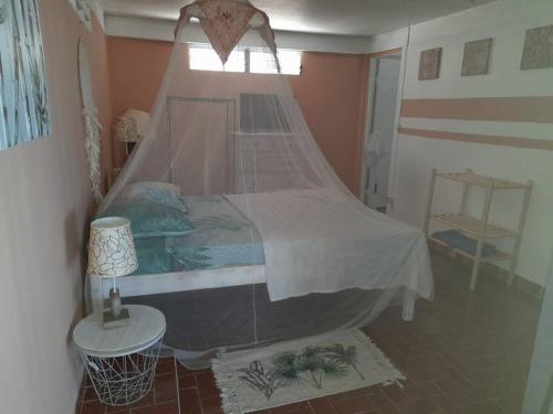 a bedroom with a large bed with a canopy at Evasion Nord Caraïbe vue mer -plage 5 mn à pieds in Le Carbet