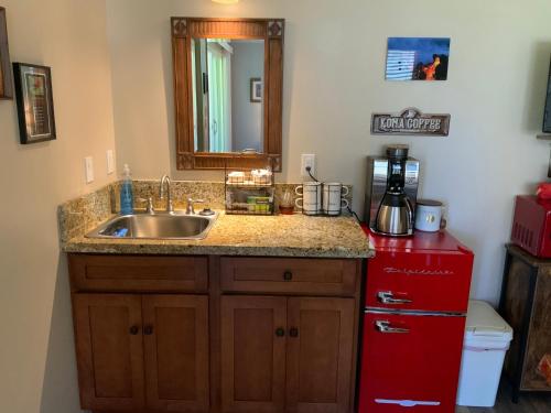 a kitchen with a sink and a red refrigerator at Kilauea House in Volcano