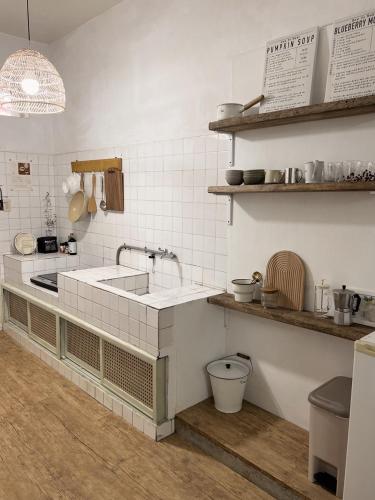 una cocina con fregadero y encimera en 山蒔旁白-全台唯一電力公司49年老宿舍改造, en Yujing