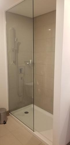 a shower with a glass door in a bathroom at Hotel "Le Suisse" in Saint-Donat-de-Montcalm