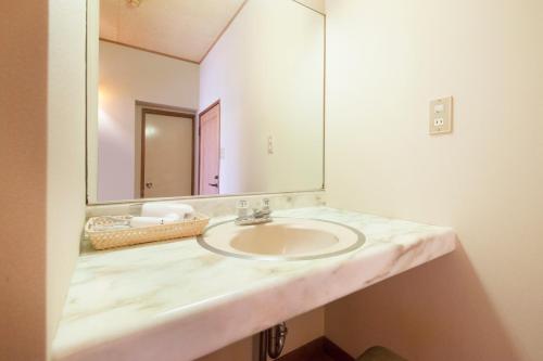 a bathroom with a sink and a large mirror at Micasa in Minakami