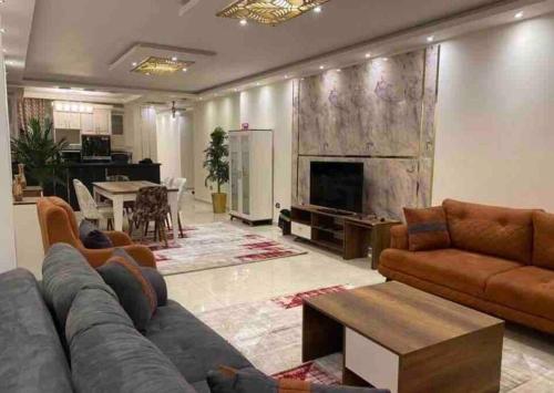 a living room with a couch and a fireplace at Unique Seaview 3-Bedroom Apartment in Alexandria