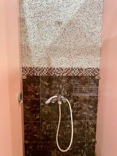 eine Dusche im Bad mit einer gefliesten Wand in der Unterkunft Hoang Indian Tent Camping in Taoyuan