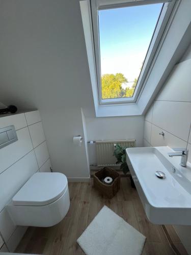 a bathroom with a toilet and a sink and a window at Deich Quartier 9.2 in Dorum Neufeld