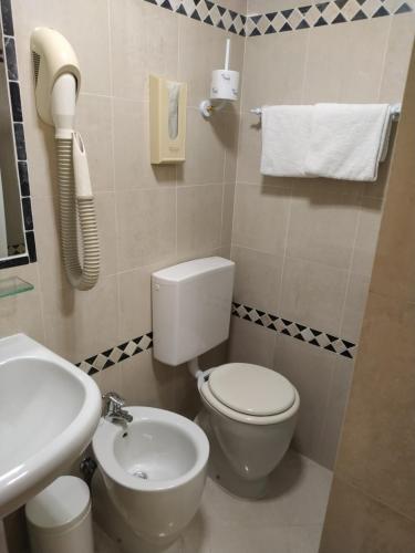 a bathroom with a toilet and a sink and a phone at Atlantide Hotel in Venice