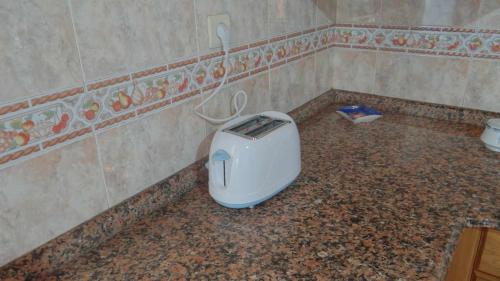 a bathroom with a toilet in the corner of a room at Casa Florinda Casa con terraza in Lariño