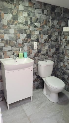 uma casa de banho com um WC, um lavatório e uma parede de pedra em VILLA HISPANO-BRASILEÑA SALAR 2 em Salar