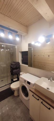 a bathroom with a toilet a sink and a washing machine at Domek drewniany letniskowy całoroczny nad jeziorem 