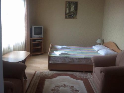 a small bedroom with a bed and a tv at Jomas 24 in Jūrmala