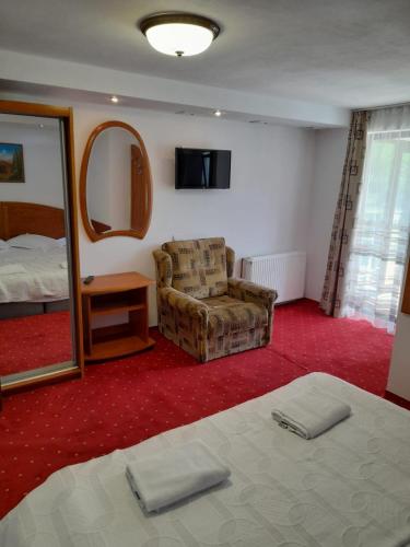 a bedroom with a bed and a chair and a mirror at Casa Tican in Bran