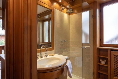 a bathroom with a sink and a shower at Casa Scoiattolo in Cortina dʼAmpezzo