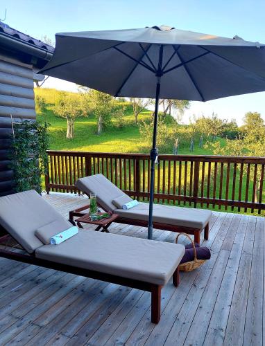 two lounge chairs and an umbrella on a deck at HERBALIJA Apartment Herbalija - sorrounded by Nature in Podčetrtek