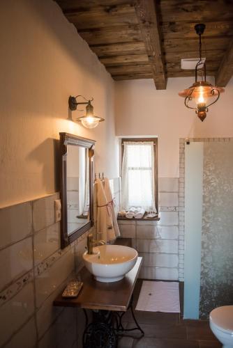 a bathroom with a sink and a mirror at Zsindelyes Cottage in Érpatak