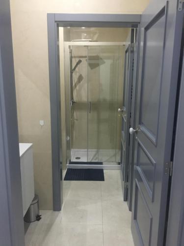 a walk in shower in a bathroom with a glass door at Apartamento, Praça Dom Duarte 8, Viseu, Portugal in Viseu