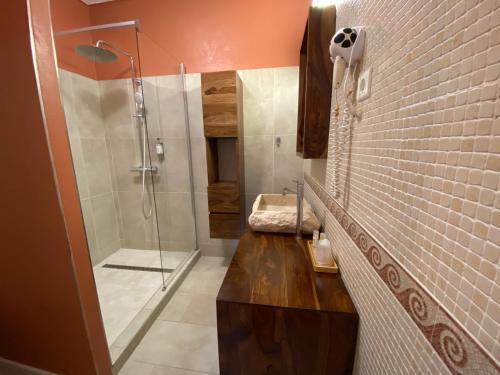 a bathroom with a shower and a sink at Hotel du Pont de l'Oso in Cala Rossa