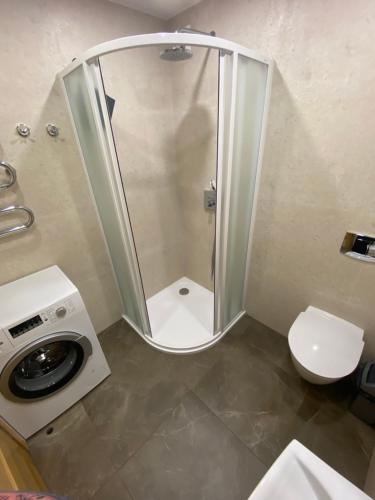 a shower in a bathroom with a toilet and a sink at Apartment Pusynas in Nida