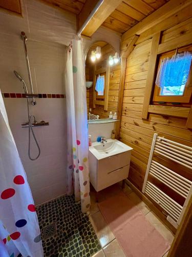 une salle de bain avec un rideau de douche et un lavabo dans l'établissement Chalet Des Feignes, à La Bresse