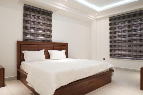 a bedroom with a large bed and two windows at MercuryIcon luxury Homes in Abuja