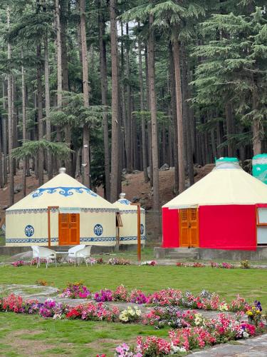 dos tiendas de campaña en un parque con flores y árboles en The Glamping Spot Kalam en Kalām