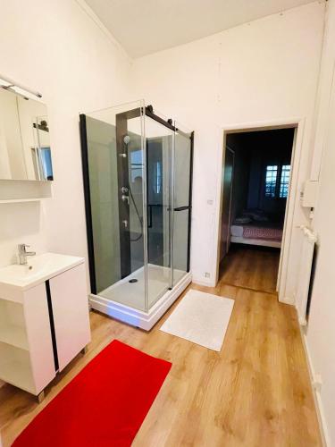 une salle de bain avec douche et un tapis rouge dans l'établissement ALBI Chambres, à Albi