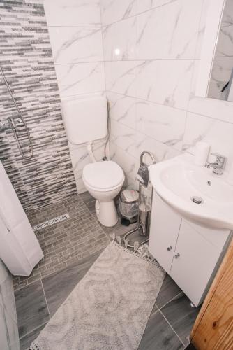 a white bathroom with a toilet and a sink at Vama veche de la Bran in Bran