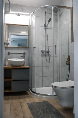 a bathroom with a shower and a toilet and a sink at Apartamenty Liliowa 3 in Dębki