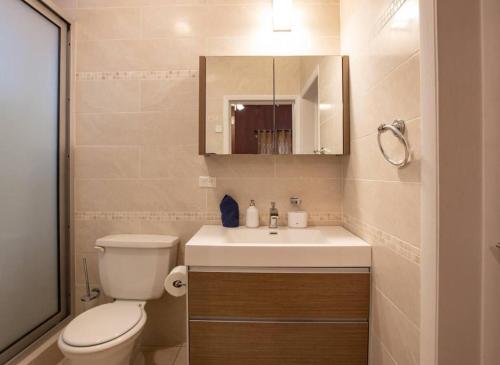 a bathroom with a toilet and a sink and a mirror at Airport View 3-Bed Villa in Cupecoy