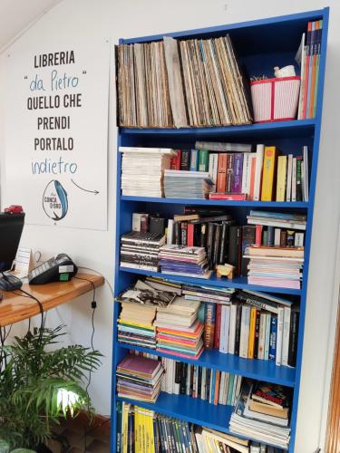 a blue book shelf filled with books at Hotel Conca d'Oro in Rimini