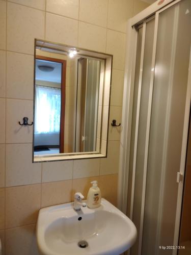 a bathroom with a sink and a mirror and a shower at Willa HAWA in Władysławowo