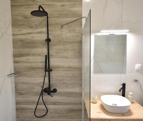 La salle de bains est pourvue d'une douche et de toilettes. dans l'établissement Eleonas View Suites, à Elevtheraí