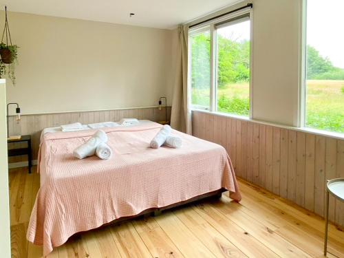 um quarto com uma cama rosa com duas almofadas em Idyllic house with 360 view of nature em Dalfsen