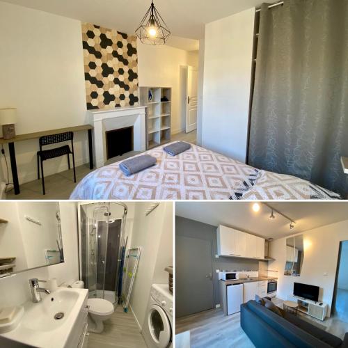 - une chambre avec un lit et une salle de bains dans l'établissement LE CLOS CHASSAING N3 - Wifi - Centre ville-PROPERTY RENTAL NM, à Périgueux