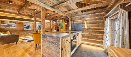 - une cuisine avec des murs en bois et un comptoir dans une cabine dans l'établissement Haus Magnushof, à Eisenberg