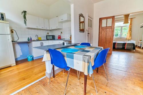 eine Küche mit einem Tisch und blauen Stühlen in der Unterkunft César in Brüssel