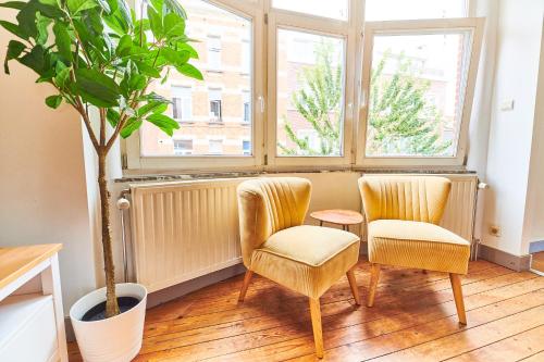 2 sillas y una planta en una habitación con ventana en César en Bruselas