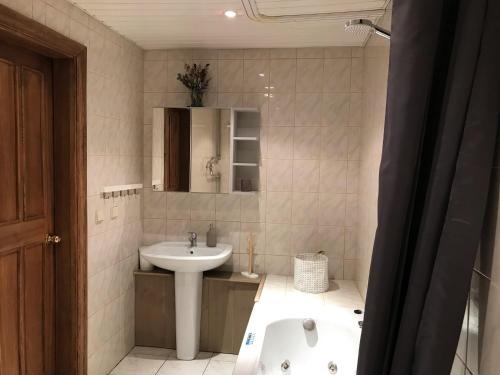 a bathroom with a sink and a bath tub at Cosy Teika Apartment in Rīga