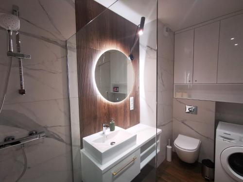 bagno con lavandino, specchio e servizi igienici di Leśny Apartament Nad Zalewem No. 2 a Kielce