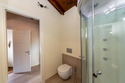 a bathroom with a toilet and a glass shower at Villa Sarchi in Grantola