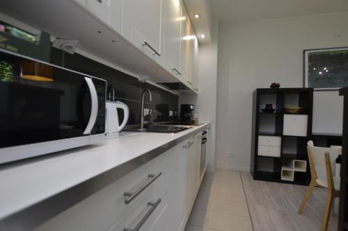 a kitchen with white cabinets and a black wall at Apartament Bursztynowy z garażem -Centrum Gliwic in Gliwice