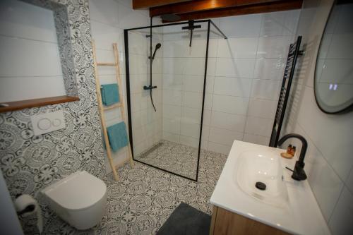 a bathroom with a shower and a toilet and a sink at Bed & Breakfast Bakker Meijer in Heemskerk