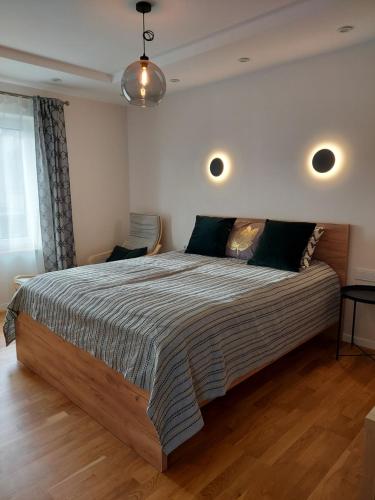 1 dormitorio con 1 cama grande y suelo de madera en Gelvadiskes Forest en Vilna