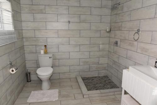 a bathroom with a toilet and a tiled wall at B&B 464 on 22nd Ave in Pretoria