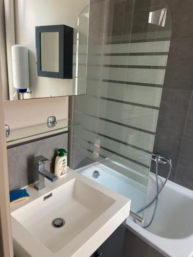 瑟堡昂科唐坦的住宿－Joli appartement entier T2 centre ville de Cherbourg，浴室配有水槽、淋浴和浴缸。