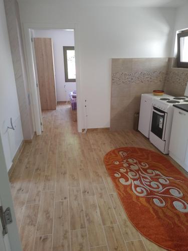 a kitchen with a stove and a rug on the floor at Vila Bella Mia in Timotijevići