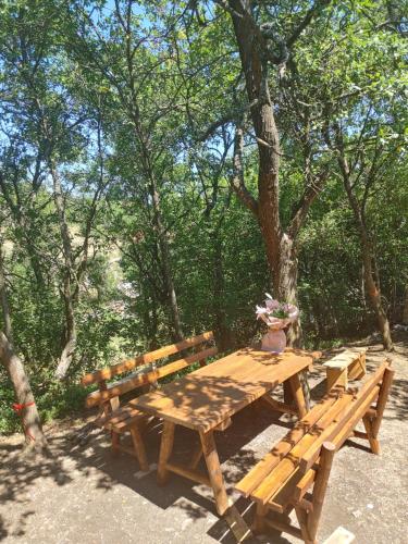 a wooden picnic table with a vase on top of it at Vila Bella Mia in Timotijevići