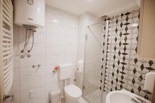 a white bathroom with a toilet and a shower at Apartman 4, Sinđelićeva 40 in Gornji Milanovac