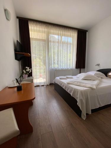 a bedroom with a bed and a desk and a window at Pensiunea Argus in Băile Herculane